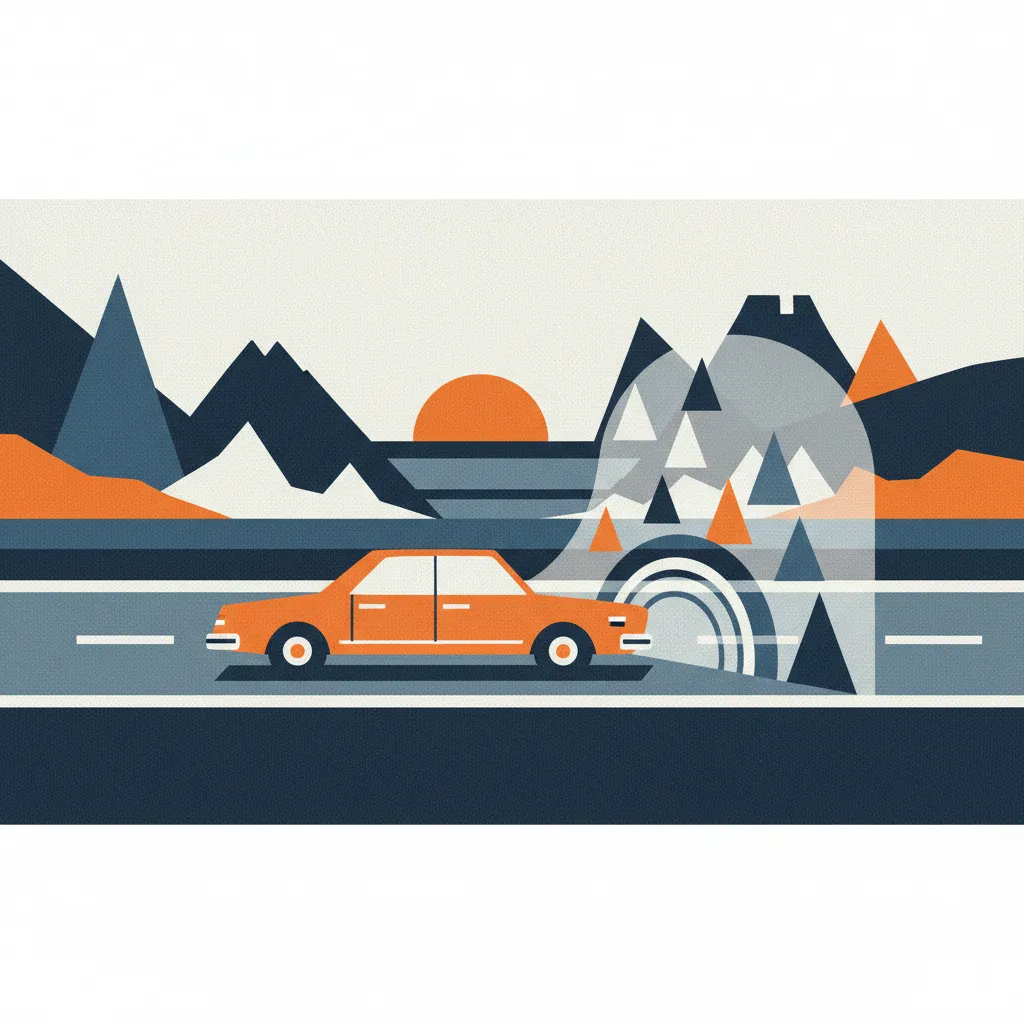 Car driving on highway with protective barrier rising behind it, symbolizing uninsured motorist backstop.