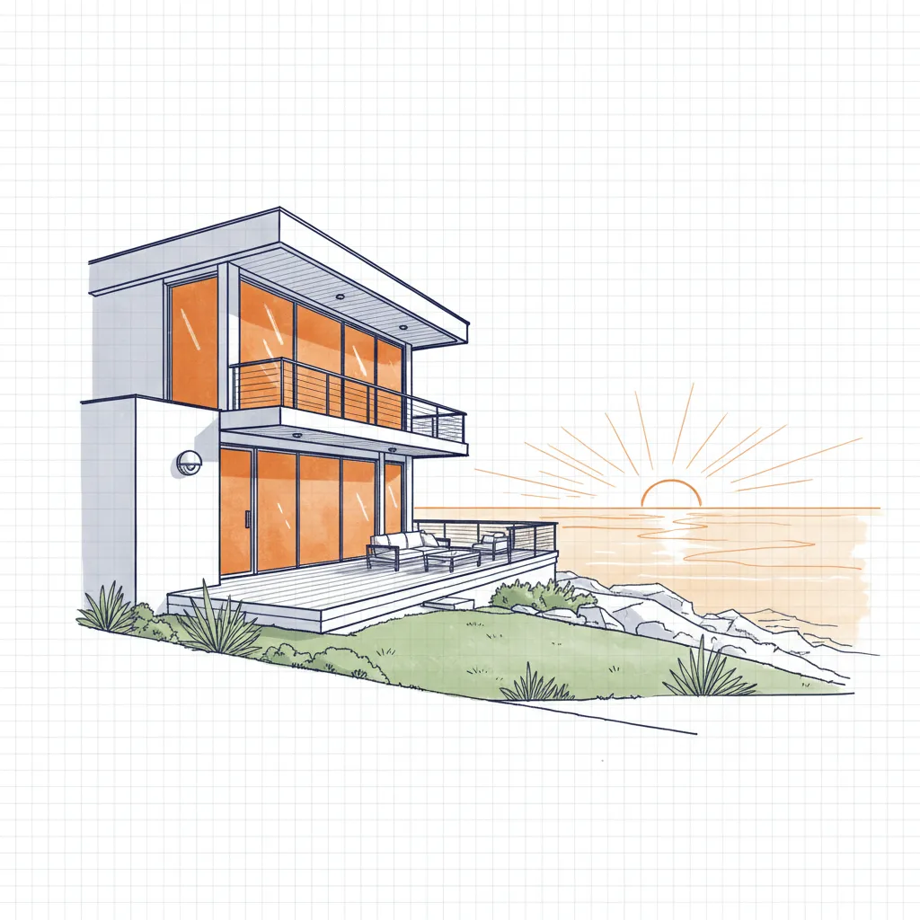 Modern oceanfront vacation home with large windows, a deck, and a discreet security camera.