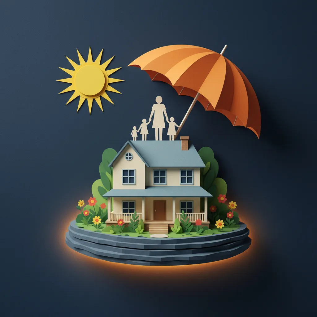A picturesque family home on a strong foundation, glowing with protective security, symbolizing financial stability.