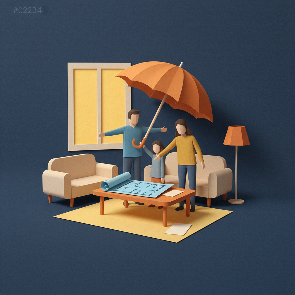 Family in a modern living room reviews a blueprint and documents, planning their future heirs.