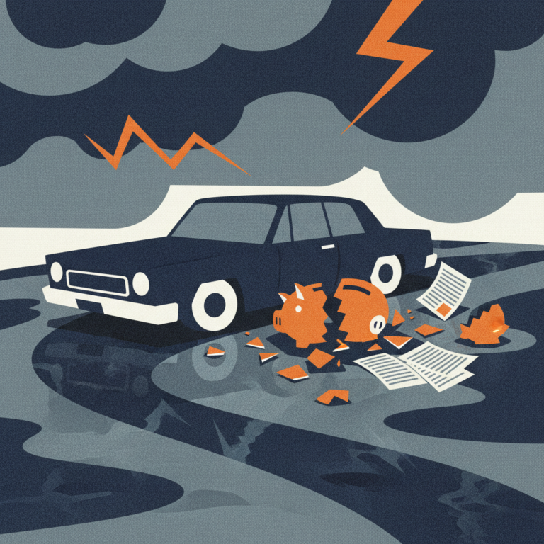 Car on dark road with shattered piggy bank and legal documents, symbolizing DUI financial consequences.