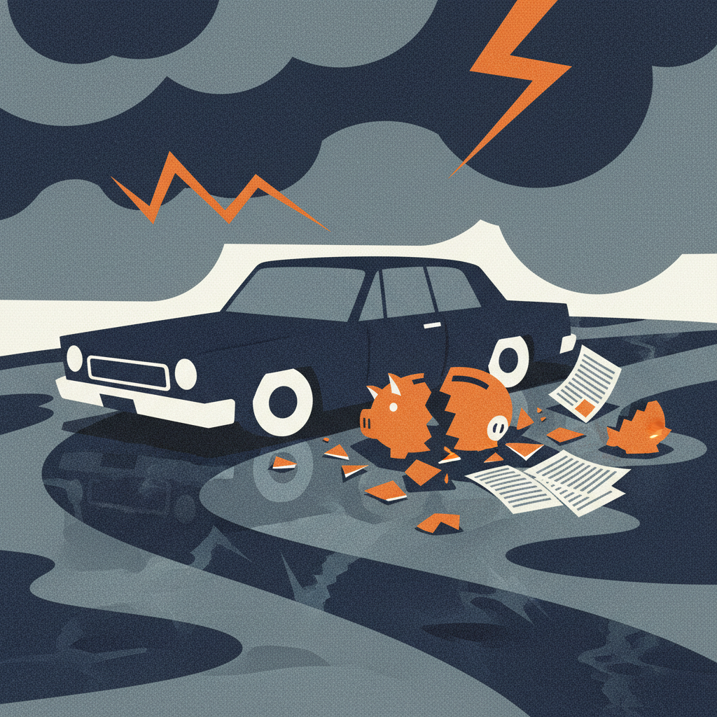 Car on dark road with shattered piggy bank and legal documents, symbolizing DUI financial consequences.