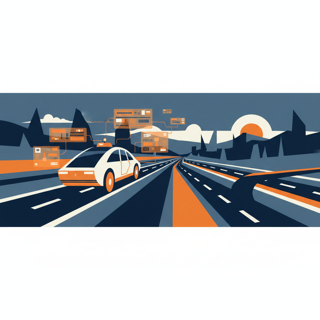 Autonomous EV on highway with digital overlays, showing auto insurance metrics and branching company choices.