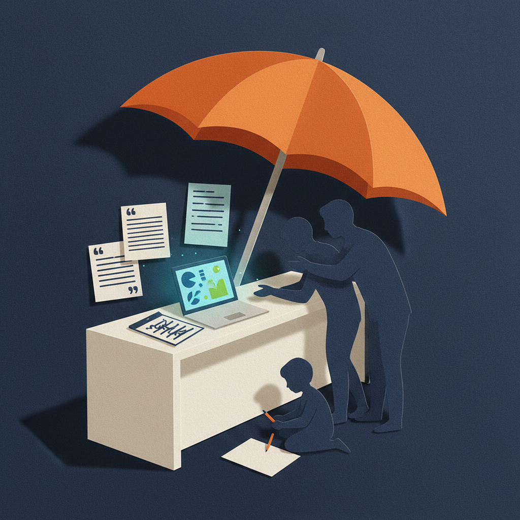 Family at home comparing life insurance quotes on a laptop and documents at a kitchen table.