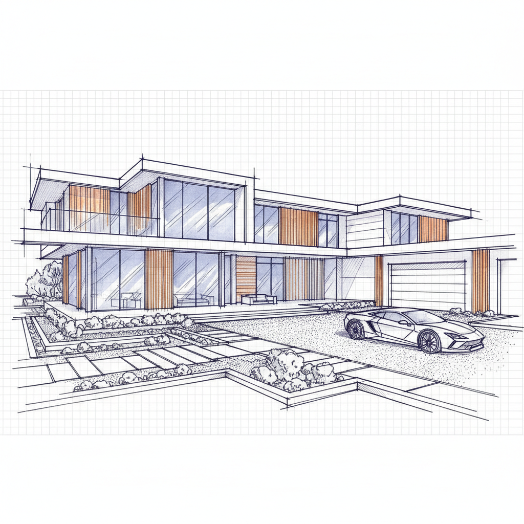 Modern luxury estate with high-end car, symbolizing integrated home, auto, and umbrella insurance.