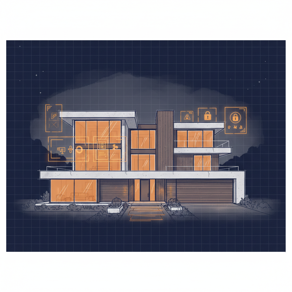 Modern family home at dusk with overlaid digital security and smart home interface elements, symbolizing a protection hub.