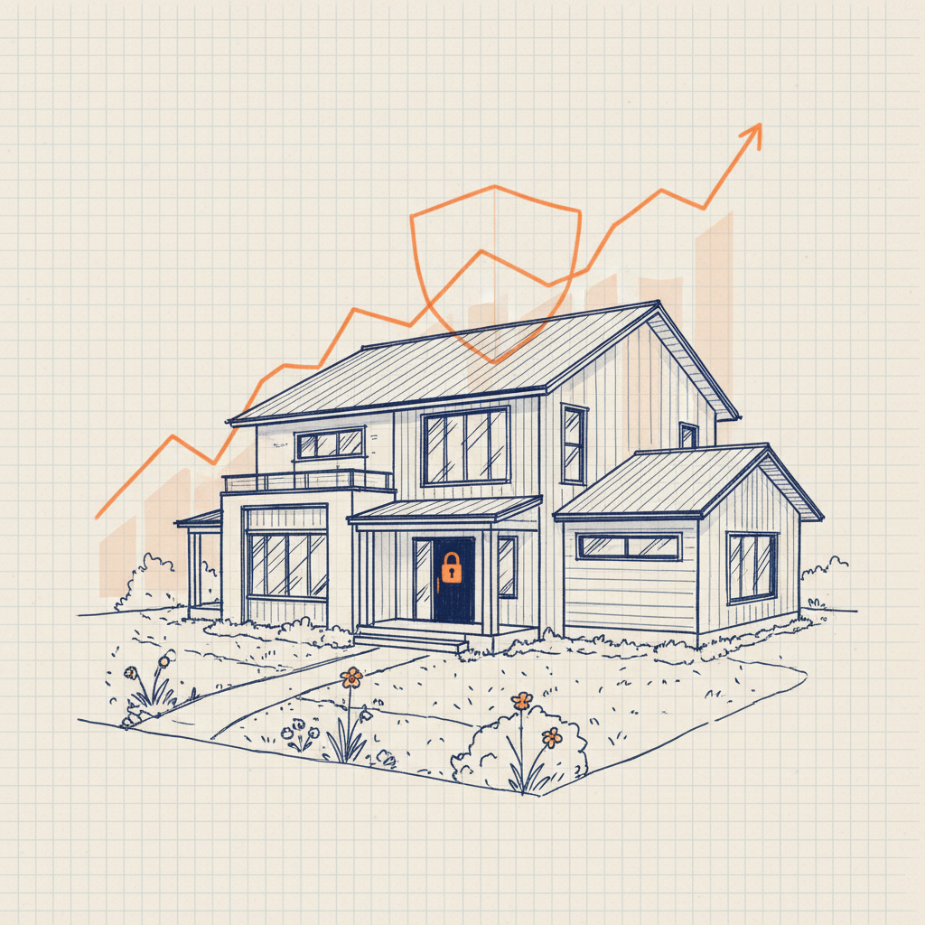 A cozy family home protected by a transparent shield, financial graphs, and a lock symbol.