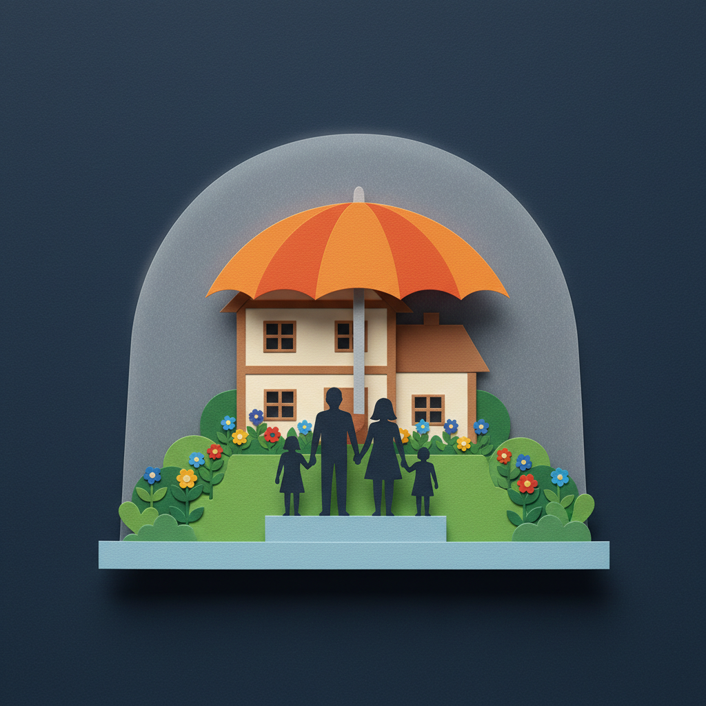 Family stands confidently before their protected home, symbolizing life insurance and financial security.
