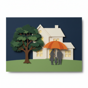 Inviting two-story family home at dusk, with warm lights and a sturdy oak tree, symbolizing a secure legacy.