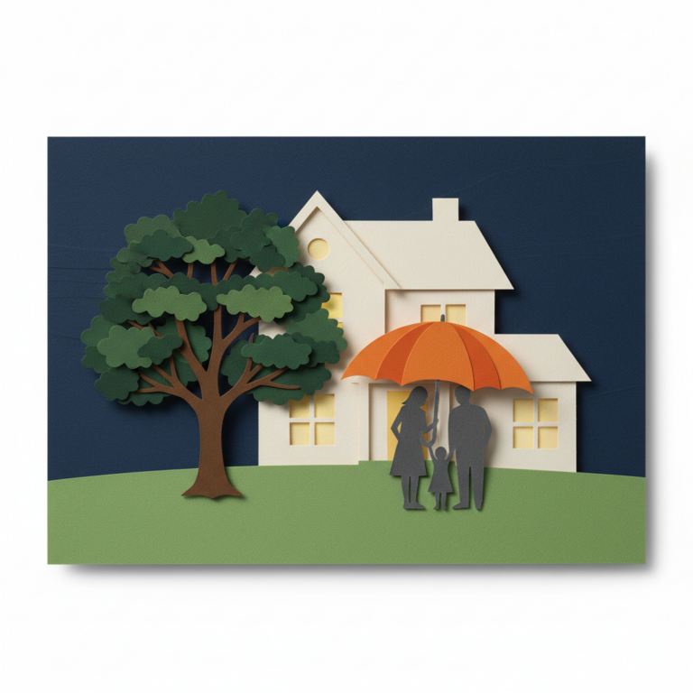 Inviting two-story family home at dusk, with warm lights and a sturdy oak tree, symbolizing a secure legacy.