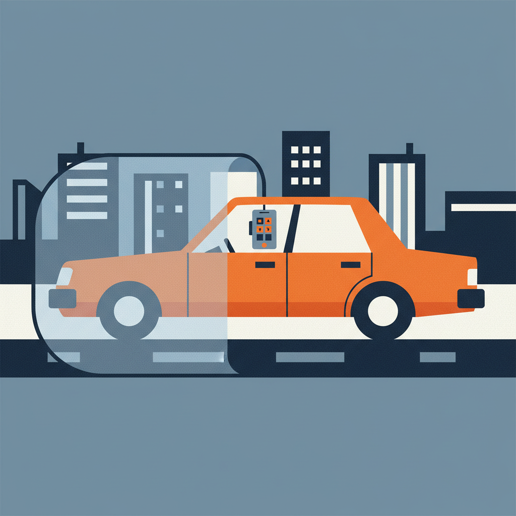 A rideshare car with a personal insurance barrier on one side and an exposed commercial side with a phone app.