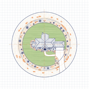 Elevated view of a Texas home with defensible space, showing fire-resistant landscaping for wildfire mitigation.