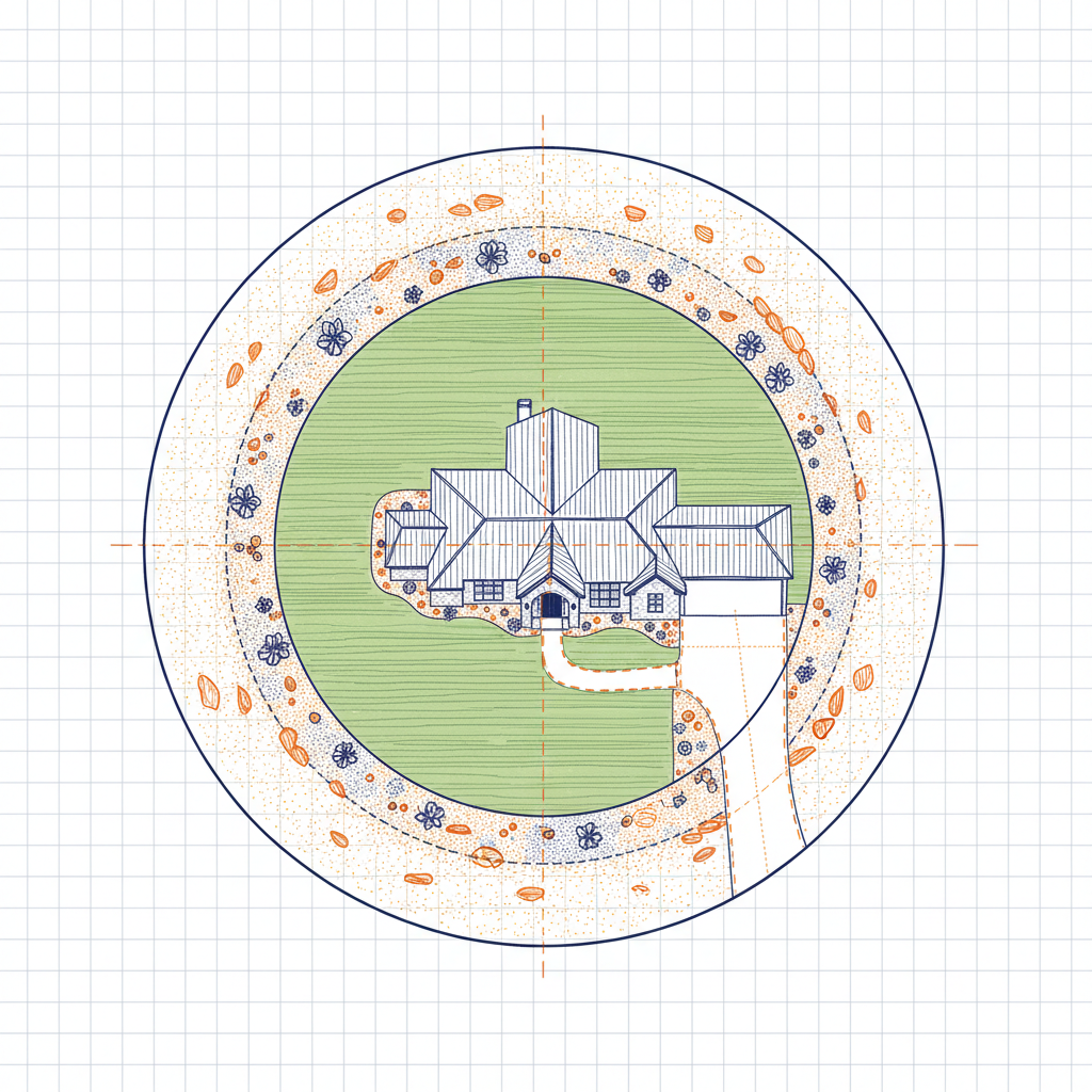 Elevated view of a Texas home with defensible space, showing fire-resistant landscaping for wildfire mitigation.